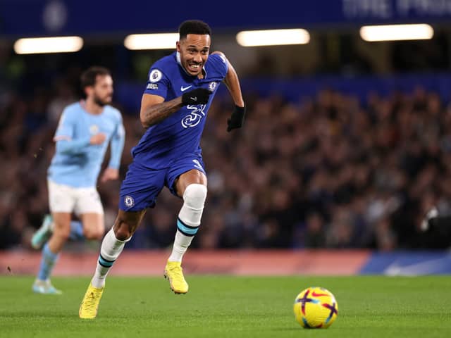 Pierre-Emerick Aubameyang of Chelsea chases the loose ball during the Premier League match between Chelsea FC (Photo by Ryan Pierse/Getty Images)