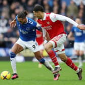 Dominic Calvert-Lewin of Everton is challenged by William Saliba of Arsenal during the Premier League match between Everton FC and Arsenal FC at Goodison Park on February 04, 2023 in Liverpool, England. (Photo by Clive Brunskill/Getty Images)