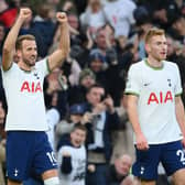  Harry Kane of Tottenham Hotspur celebrates after scoring the team's first goal. Kane scored his 267th goal and overtakes the late Jimmy Greaves to become the Spursâ all-time leading 