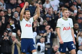  Harry Kane of Tottenham Hotspur celebrates after scoring the team's first goal. Kane scored his 267th goal and overtakes the late Jimmy Greaves to become the Spursâ all-time leading 