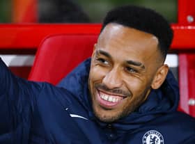  Pierre-Emerick Aubameyang of Chelsea reacts prior to the Premier League match between Nottingham Forest and Chelsea FC  (Photo by Clive Mason/Getty Images)