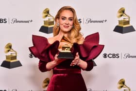Adele poses with the Best Pop Solo Performance Award for "Easy on Me" in the press room during the 65th GRAMMY Awards at Crypto.com Arena on February 05, 2023 in Los Angeles, California. (Photo by Alberto E. Rodriguez/Getty Images for The Recording Academy)