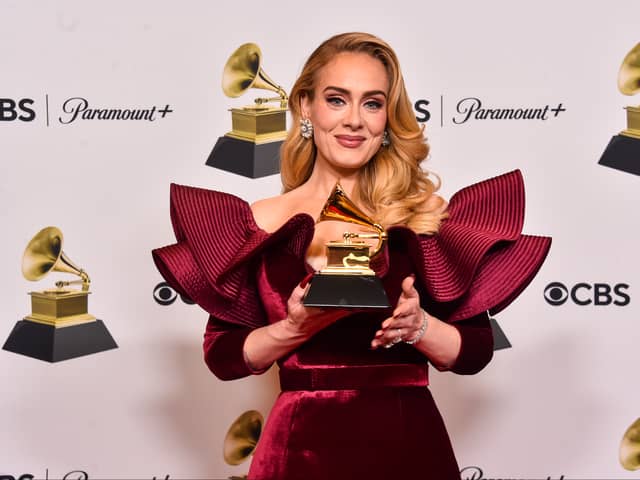 Adele poses with the Best Pop Solo Performance Award for "Easy on Me" in the press room during the 65th GRAMMY Awards at Crypto.com Arena on February 05, 2023 in Los Angeles, California. (Photo by Alberto E. Rodriguez/Getty Images for The Recording Academy)