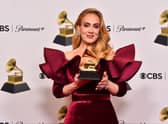 Adele poses with the Best Pop Solo Performance Award for "Easy on Me" in the press room during the 65th GRAMMY Awards at Crypto.com Arena on February 05, 2023 in Los Angeles, California. (Photo by Alberto E. Rodriguez/Getty Images for The Recording Academy)