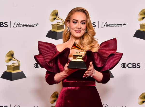 Adele poses with the Best Pop Solo Performance Award for "Easy on Me" in the press room during the 65th GRAMMY Awards at Crypto.com Arena on February 05, 2023 in Los Angeles, California. (Photo by Alberto E. Rodriguez/Getty Images for The Recording Academy)