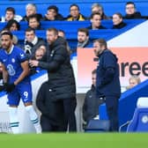 Pierre-Emerick Aubameyang of Chelsea looks on alongside Graham Potter, Manager of Chelsea during the Premier League  (Photo by Justin Setterfield/Getty Images)