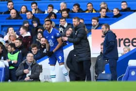 Pierre-Emerick Aubameyang of Chelsea looks on alongside Graham Potter, Manager of Chelsea during the Premier League  (Photo by Justin Setterfield/Getty Images)