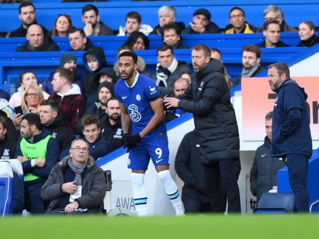 Pierre-Emerick Aubameyang of Chelsea looks on alongside Graham Potter, Manager of Chelsea during the Premier League  (Photo by Justin Setterfield/Getty Images)