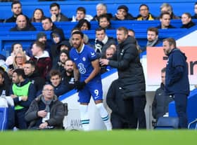 Pierre-Emerick Aubameyang of Chelsea looks on alongside Graham Potter, Manager of Chelsea during the Premier League  (Photo by Justin Setterfield/Getty Images)