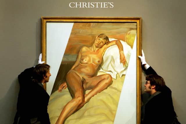 Lucian Frued’s nude portrait of pregnant supermodel Kate Moss 29 October, 2004 in London. The almost life-size piece was sold for £3.5 million in 2005. Named ‘Naked Portrait 2002’. (Photo credit:  JIM WATSON/AFP via Getty Images)