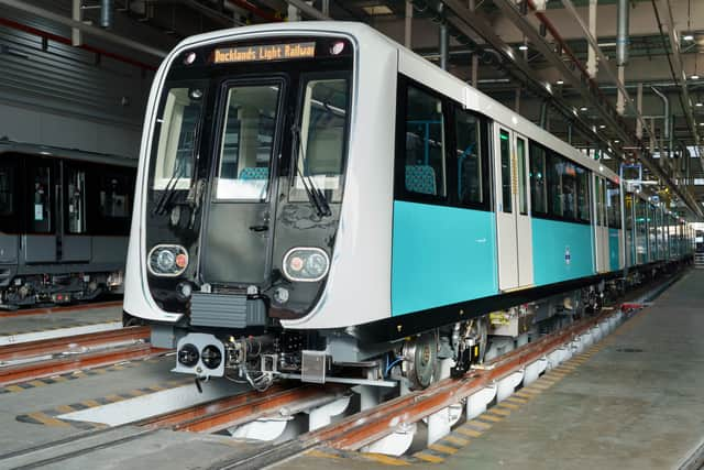 The outside of one of the new Dockland Light Railway trains. Credit: TfL