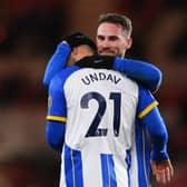  Deniz Undav of Brighton & Hove Albion celebrates with teammate Alexis Mac Allister  (Photo by Stu Forster/Getty Images)