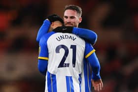  Deniz Undav of Brighton & Hove Albion celebrates with teammate Alexis Mac Allister  (Photo by Stu Forster/Getty Images)