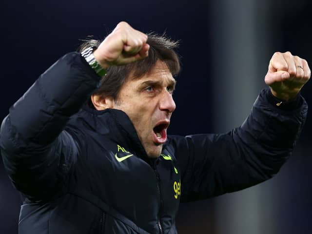 Antonio Conte, Manager of Tottenham Hotspur, celebrates after the team’s victory during the Premier League match  (Photo by Clive Rose/Getty Images)