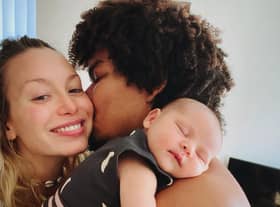 Karis Scarlette (left) with her husband  Crischarleson Borges (right) and their baby daughter Allegra. Credit: Karis Scarlette