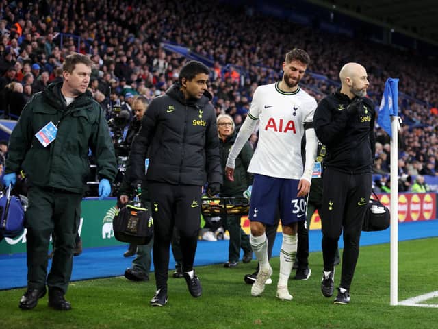  Rodrigo Bentancur of Tottenham Hotspur is substituted off after receiving medical treatment during the Premier League match (Photo by Catherine Ivill/Getty Images)