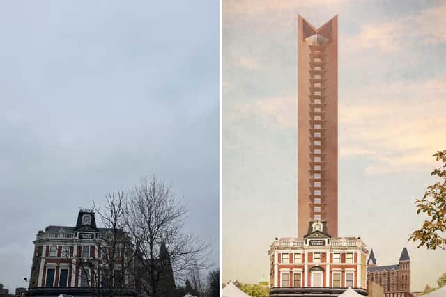 A proposed 36-storey as it could be seen above The Archway Tavern. (Pictures: André Langlois/Seven Capital)