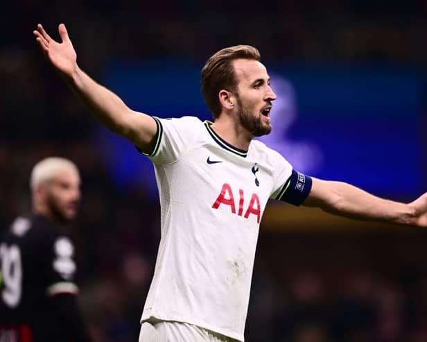  English striker Harry Kane reacts during the UEFA Champions League round of 16, first leg football match between AC Milan  (Photo by Marco BERTORELLO / AFP) (Photo by MARCO BERTORELLO/AFP via Getty Images)