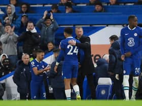Reece James of Chelsea reacts with Graham Potter, Manager of Chelsea as they leave the pitch after picking up an injury (Photo by Justin Setterfield/Getty Images)