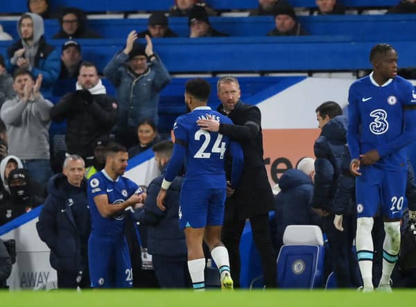 Reece James of Chelsea reacts with Graham Potter, Manager of Chelsea as they leave the pitch after picking up an injury (Photo by Justin Setterfield/Getty Images)