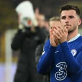 Chelsea’s English midfielder Mason Mount applauds after the UEFA Champions League, first-leg, round of 16 football match  (Photo by INA FASSBENDER / AFP) (Photo by INA FASSBENDER/AFP via Getty Images)