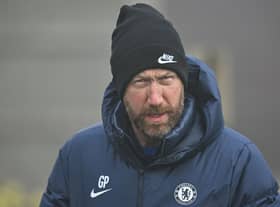 Chelsea’s English head coach Graham Potter attends a team training session at Chelsea’s Cobham training facility  (Photo by GLYN KIRK/AFP via Getty Images)