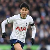 Son Heung-min of Tottenham in action during the Premier League match between Leicester City and Tottenham  (Photo by Michael Regan/Getty Images)
