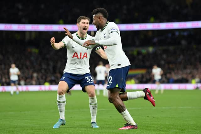 Ben Davies celebrates after playing Emerson through to score. (Photo by Justin Setterfield/Getty Images)