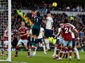 West Ham United’s Polish goalkeeper Lukasz Fabianski punches the ball to make a save during the English Premier League  (Photo by IAN KINGTON/AFP via Getty Images)