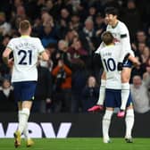 Son Heung-Min of Tottenham Hotspur celebrates with Harry Kane of Tottenham Hotspur . (Photo by Justin Setterfield/Getty Images)