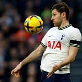 Tottenham Hotspur’s Welsh defender Ben Davies controls the ball during the English Premier League football match (Photo by IAN KINGTON/AFP via Getty Images)
