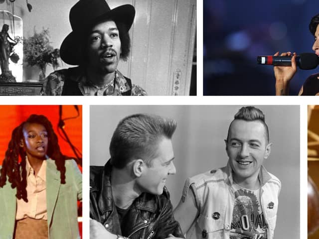 Clockwise from top left: Jimi Hendrix, Amy Winehouse, Stormzy, Joe Strummer and Paul Simonon of the Clash, and Little Simz. (Pictures: Getty)
