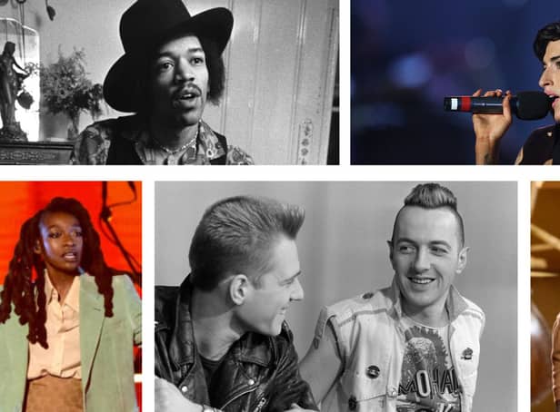 Clockwise from top left: Jimi Hendrix, Amy Winehouse, Stormzy, Joe Strummer and Paul Simonon of the Clash, and Little Simz. (Pictures: Getty)