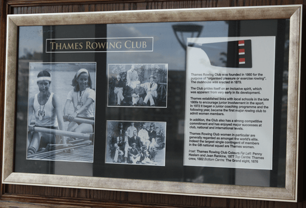 Framed photographs and text about the Thames Rowing Club found in The Rocket, Putney