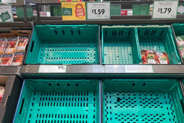 Empty tomato shelves at Morrisons in Birmingham.20/02/2023 See SWNS story SWBNtomatoes - Suppliers are blaming poor weather conditions in Spain for empty shevles which seem to be prevalent across the country.