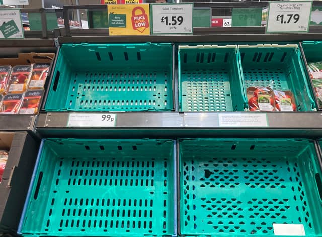 Empty tomato shelves at Morrisons in Birmingham.20/02/2023   See SWNS story SWBNtomatoes - Suppliers are blaming poor weather conditions in Spain for empty shevles which seem to be prevalent across the country.