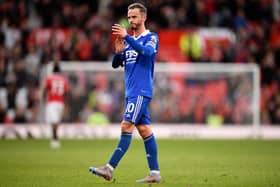 James Maddison applauds the fans following the English Premier League football match between Manchester United and Leicester City (Photo by OLI SCARFF/AFP via Getty Images)