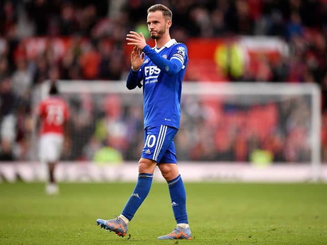 James Maddison applauds the fans following the English Premier League football match between Manchester United and Leicester City (Photo by OLI SCARFF/AFP via Getty Images)