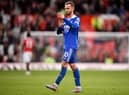 James Maddison applauds the fans following the English Premier League football match between Manchester United and Leicester City (Photo by OLI SCARFF/AFP via Getty Images)