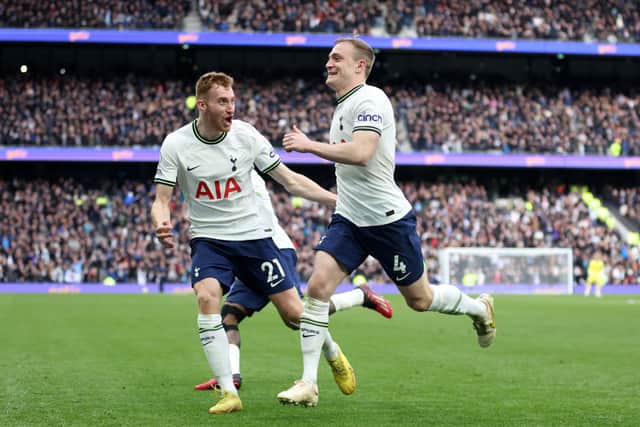 Oliver Skipp of Tottenham Hotspur celebrates with teammate Dejan Kulusevski after scoring against Chelsea. (Picture:  Catherine Ivill/Getty Images)