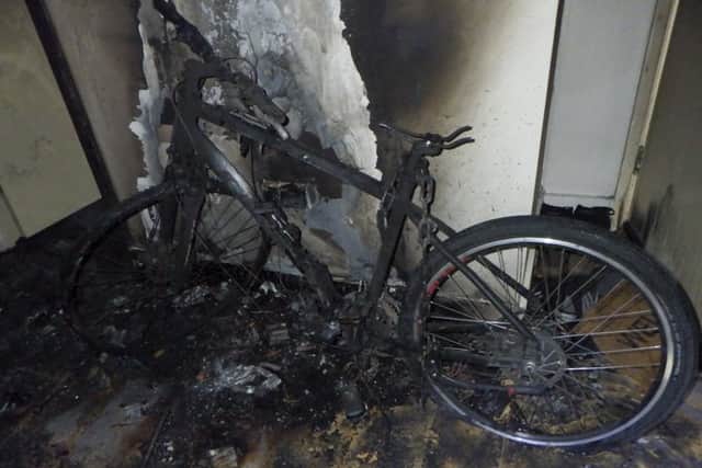 An e-bike damaged by fire 