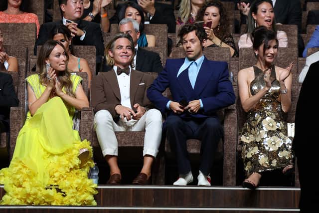 L-R) Olivia Wilde, Chris Pine, Harry Styles and Gemma Chan at the 79th Venice International Film Festival. (Photo by Vittorio Zunino Celotto/Getty Images)
