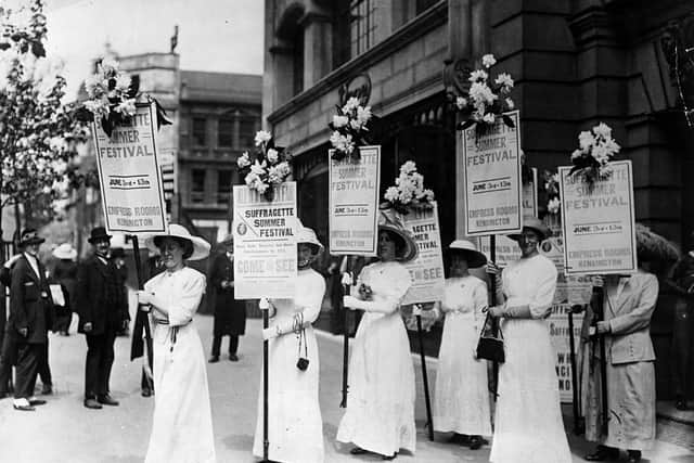1st May 1913:  The start of the suffragettes Summer Festival at the Empress Rooms in Kensington.  (Photo by Hulton Archive/Getty Images)