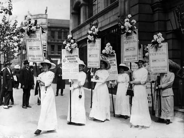 1st May 1913:  The start of the suffragettes Summer Festival at the Empress Rooms in Kensington.  (Photo by Hulton Archive/Getty Images)