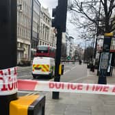 A police cordon in Oxford Street, central London, following a stabbing on a bus.