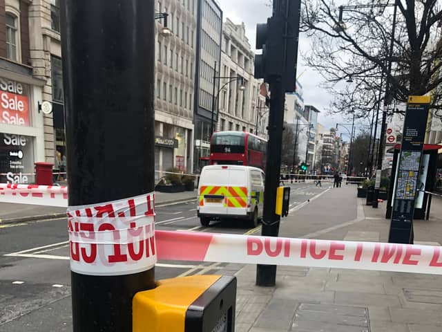 A police cordon in Oxford Street, central London, following an incident on a bus.