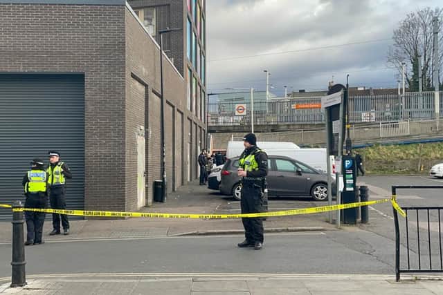 The scene of a police incident at Hackney Central station.