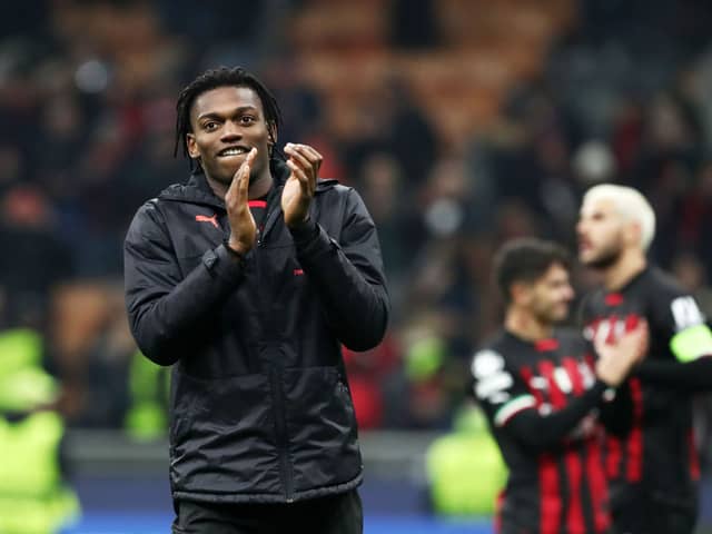  Rafael Leao of AC Milan applauds the fans following the UEFA Champions League round of 16 leg one match (Photo by Marco Luzzani/Getty Images)