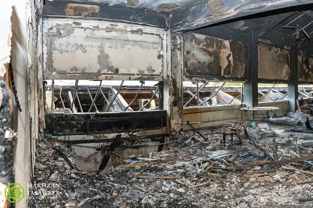 Damage caused to the administration building Baitul Futuh Mosque in Morden after a fire in 2015.