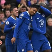 Chelsea’s French defender Wesley Fofana (C) celebrates with teammates after scoring the opening goal  (Photo by JUSTIN TALLIS/AFP via Getty Images)